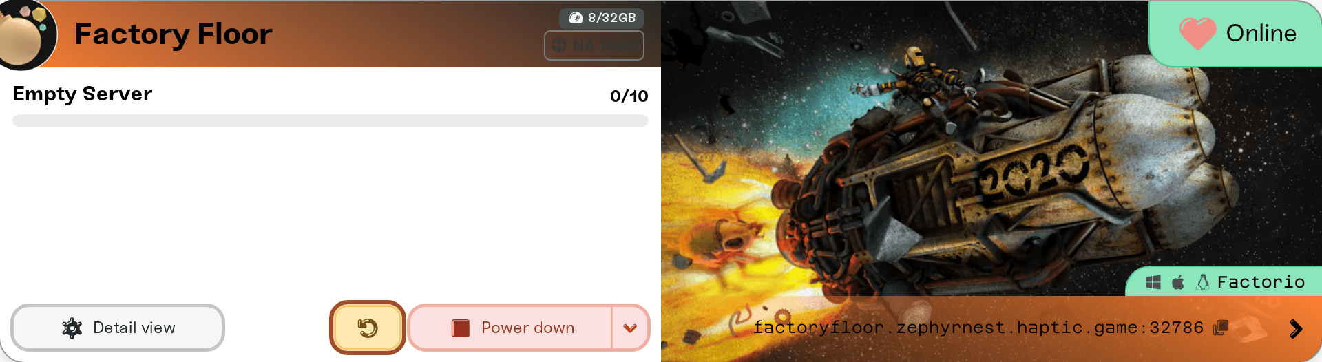 The Restart button on a Factorio server's card