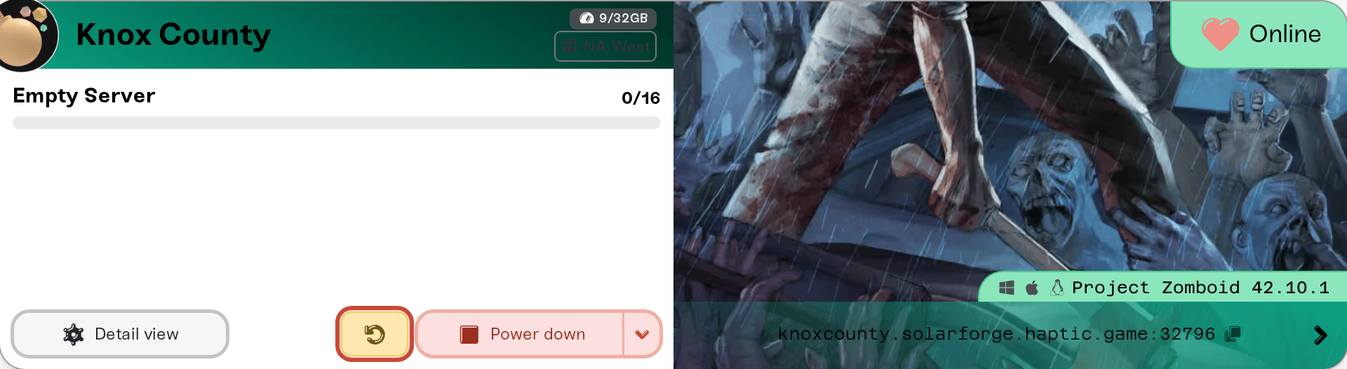 The yellow Restart button on the server card The yellow Restart button on the server card