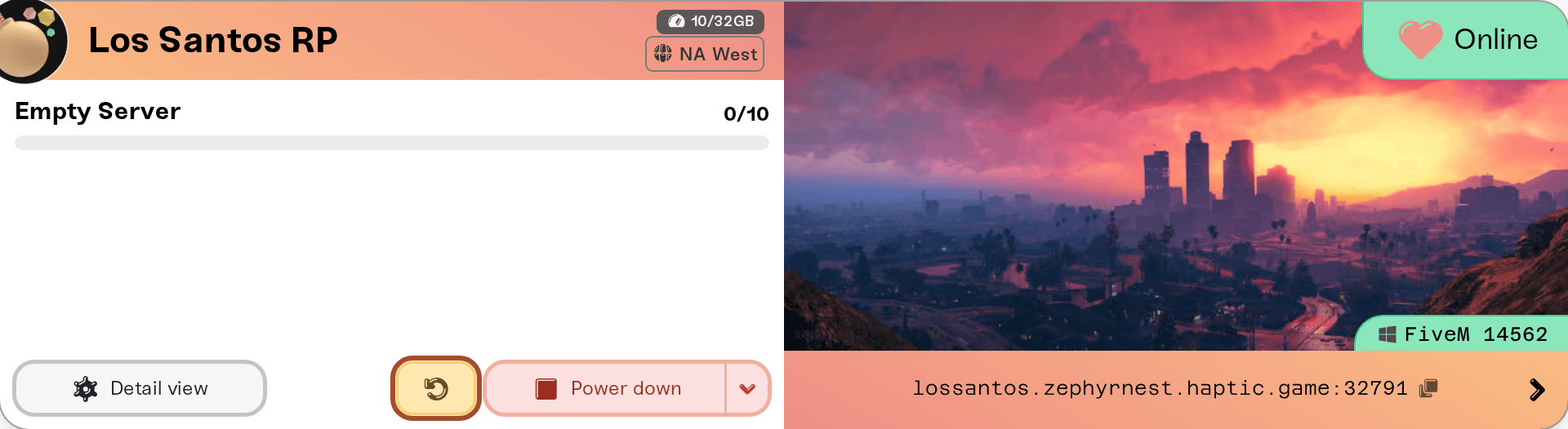 The Restart button on a FiveM server's card: your SQL files import while the server starts The Restart button on a FiveM server's card: your SQL files import while the server starts