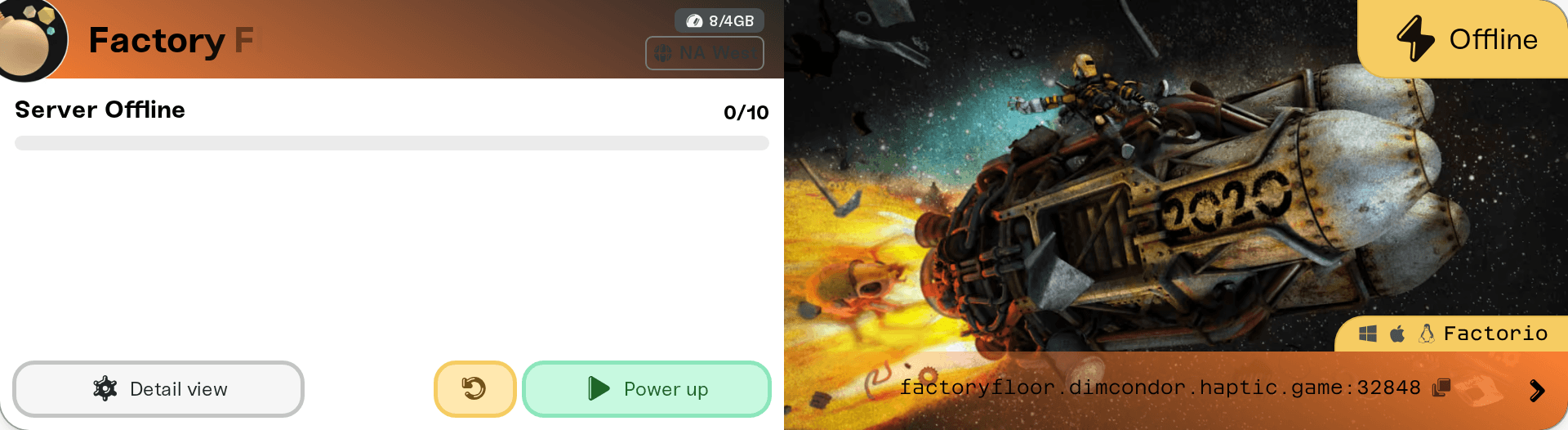 The Restart control on a Factorio server card The Restart control on a Factorio server card