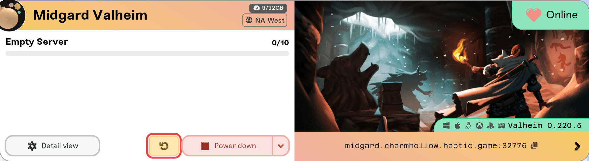 The Restart button on a Valheim server's card The Restart button on a Valheim server's card