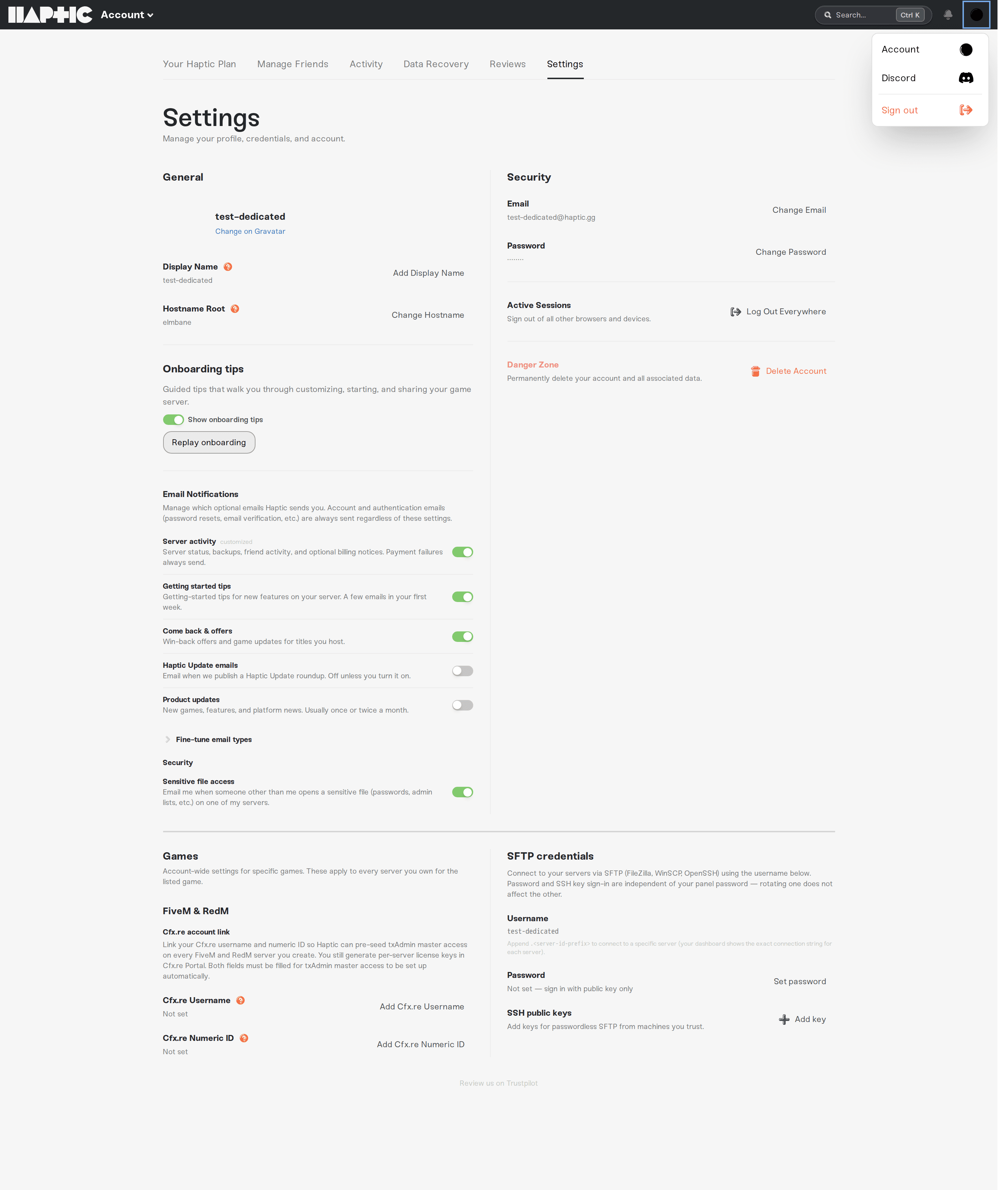 The account menu open under the top-right account button, showing Account, Discord, and Sign out The account menu open under the top-right account button, showing Account, Discord, and Sign out