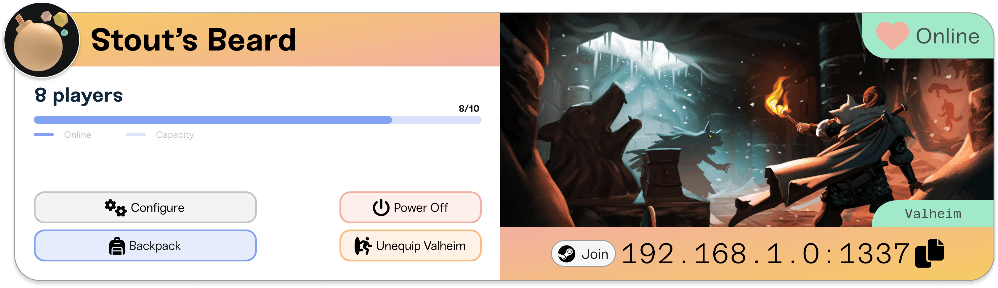 Haptic Duo Server Slot that is hosting a Valheim server. The Valheim game server shows 8 players playing with a status of online. Haptic Duo Server Slot that is hosting a Valheim server. The Valheim game server shows 8 players playing with a status of online.