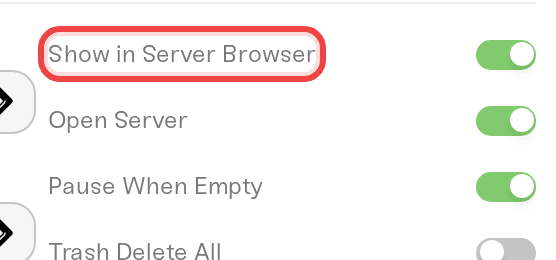 The Show in Server Browser and Open Server settings in the Details tab The Show in Server Browser and Open Server settings in the Details tab
