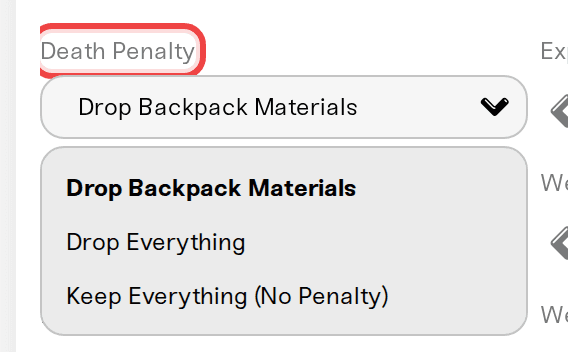 The Death Penalty dropdown open, with Keep Everything (No Penalty) highlighted The Death Penalty dropdown open, with Keep Everything (No Penalty) highlighted