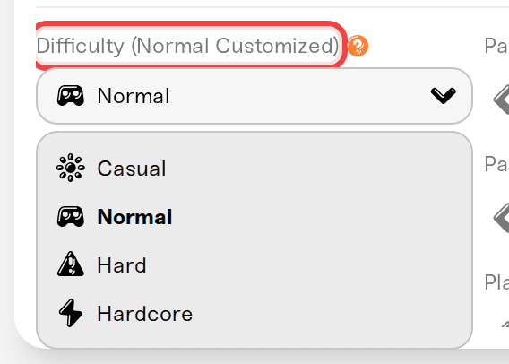 The Difficulty dropdown open, showing Casual, Normal, Hard, and Hardcore The Difficulty dropdown open, showing Casual, Normal, Hard, and Hardcore
