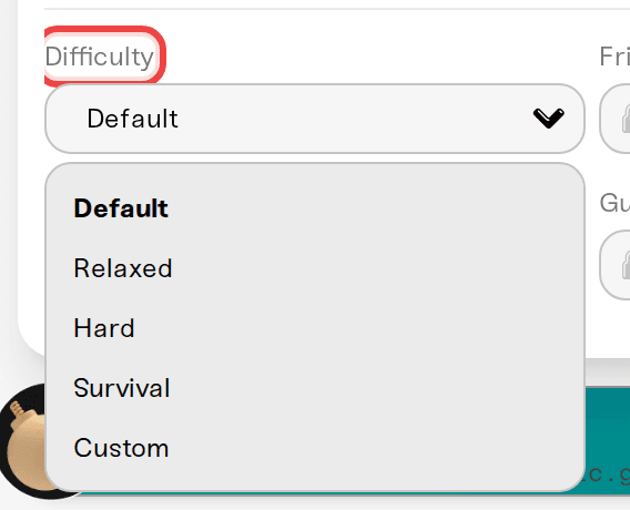 The Difficulty dropdown open, showing Default, Relaxed, Hard, Survival, and Custom The Difficulty dropdown open, showing Default, Relaxed, Hard, Survival, and Custom