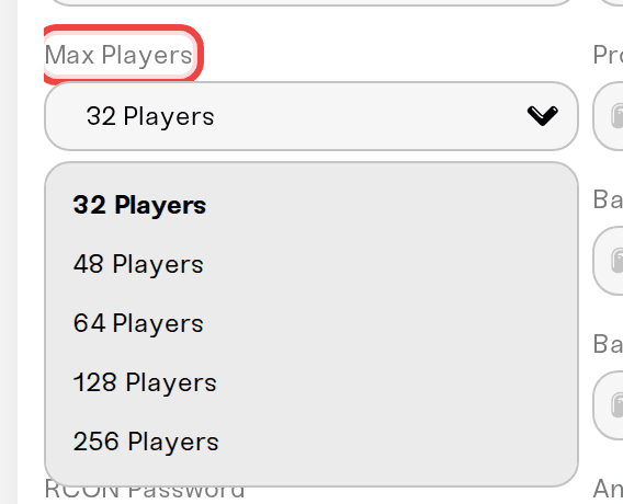 Max Players dropdown open, with 48 Players the highest option that works without a Cfx.re subscription
