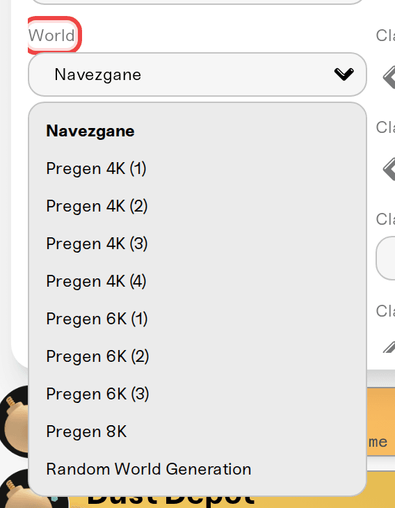 The World dropdown open, showing Navezgane, the Pregen maps, and Random World Generation The World dropdown open, showing Navezgane, the Pregen maps, and Random World Generation