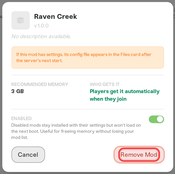 A mod's detail panel on the Mods card with the Remove Mod button highlighted A mod's detail panel on the Mods card with the Remove Mod button highlighted
