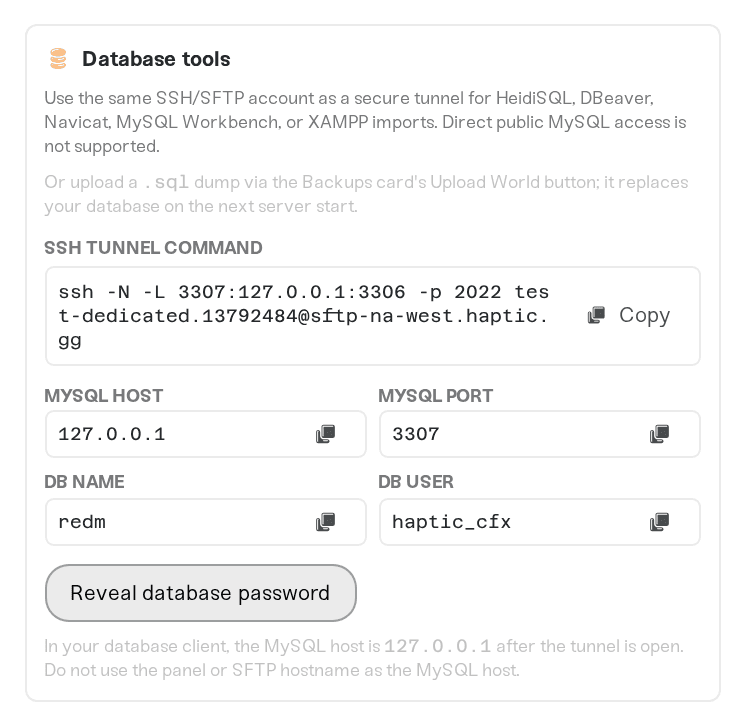 The Database tools section of a RedM server's SFTP window: the tunnel command and the database login