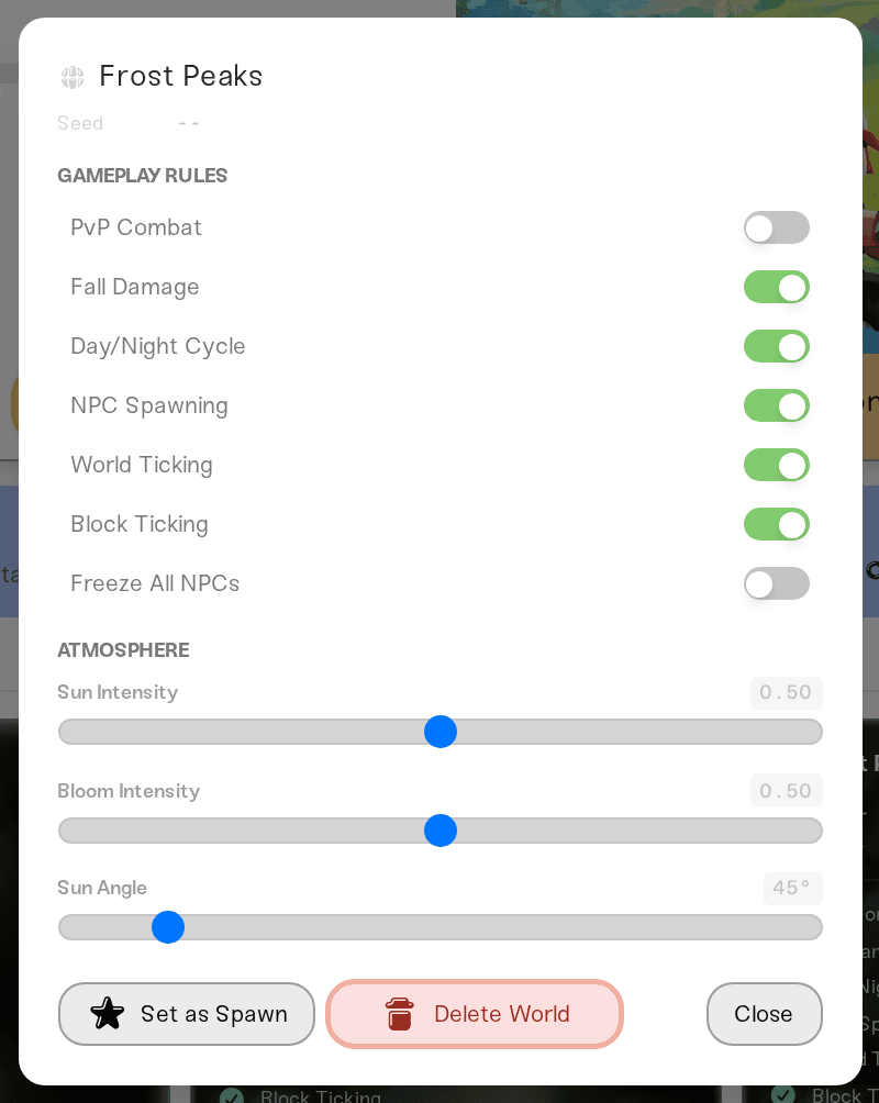 Gameplay Rules toggles and Atmosphere sliders inside a world Gameplay Rules toggles and Atmosphere sliders inside a world