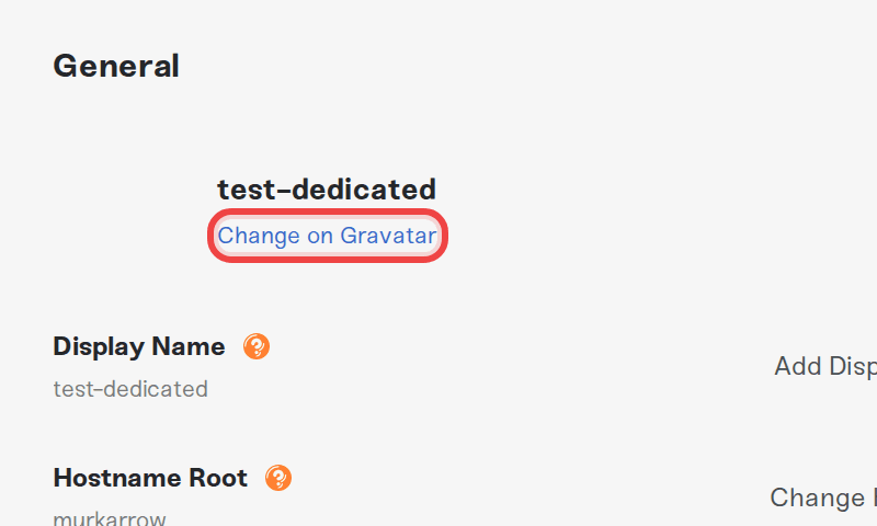 The General section of Account Settings for a profile with no picture saved: an empty space next to the name and the Change on Gravatar link The General section of Account Settings for a profile with no picture saved: an empty space next to the name and the Change on Gravatar link