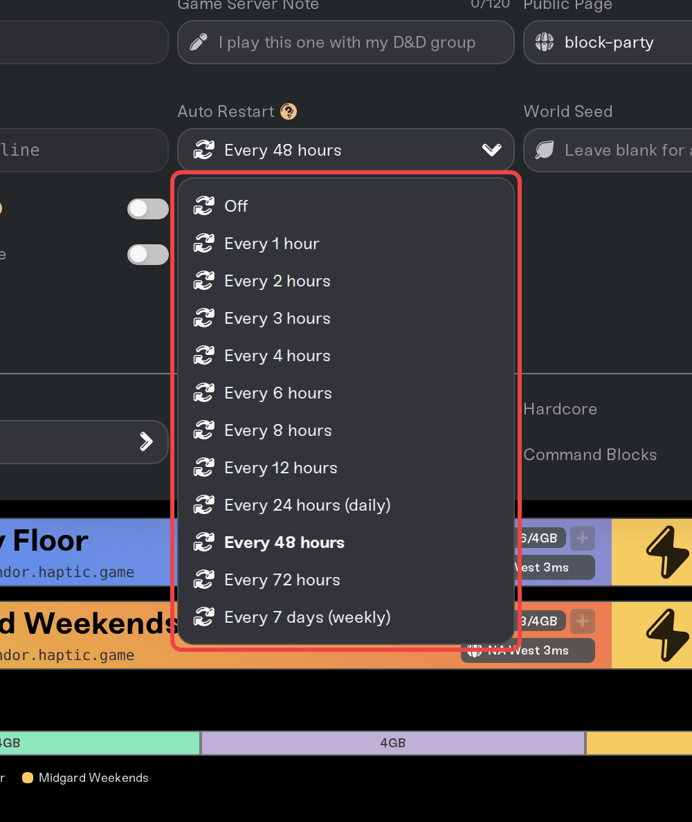 The Auto Restart dropdown open with its interval options