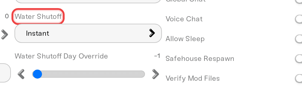 The Water Shutoff and Electricity Shutoff dropdowns in the server settings, with Water Shutoff highlighted The Water Shutoff and Electricity Shutoff dropdowns in the server settings, with Water Shutoff highlighted