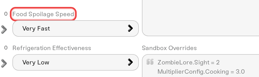 Server settings with Food Spoilage Speed highlighted, next to Refrigeration Effectiveness, Rotten Food Removal, and the Nutrition System toggle Server settings with Food Spoilage Speed highlighted, next to Refrigeration Effectiveness, Rotten Food Removal, and the Nutrition System toggle