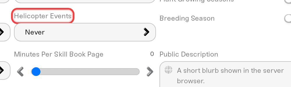 Helicopter Events setting highlighted in the server settings, set to Once Helicopter Events setting highlighted in the server settings, set to Once