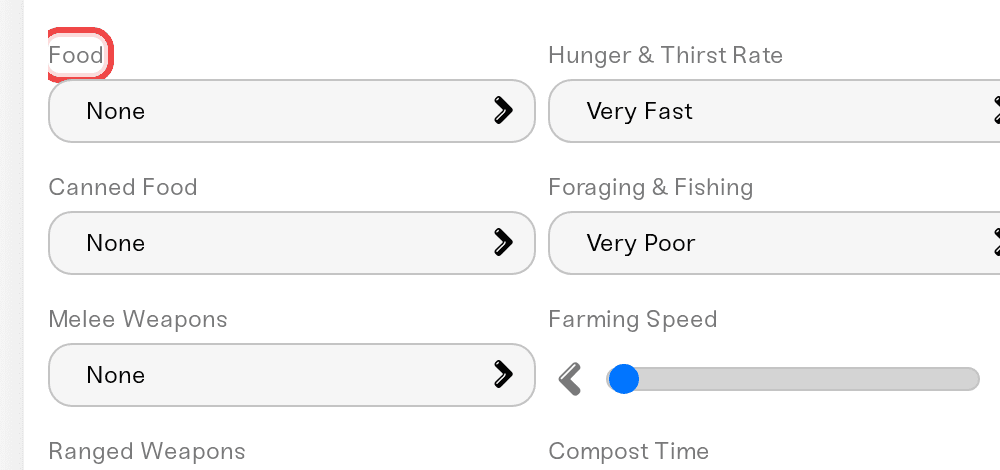The ten loot category dropdowns in the server settings, from Food down to Other Loot, with Food highlighted The ten loot category dropdowns in the server settings, from Food down to Other Loot, with Food highlighted
