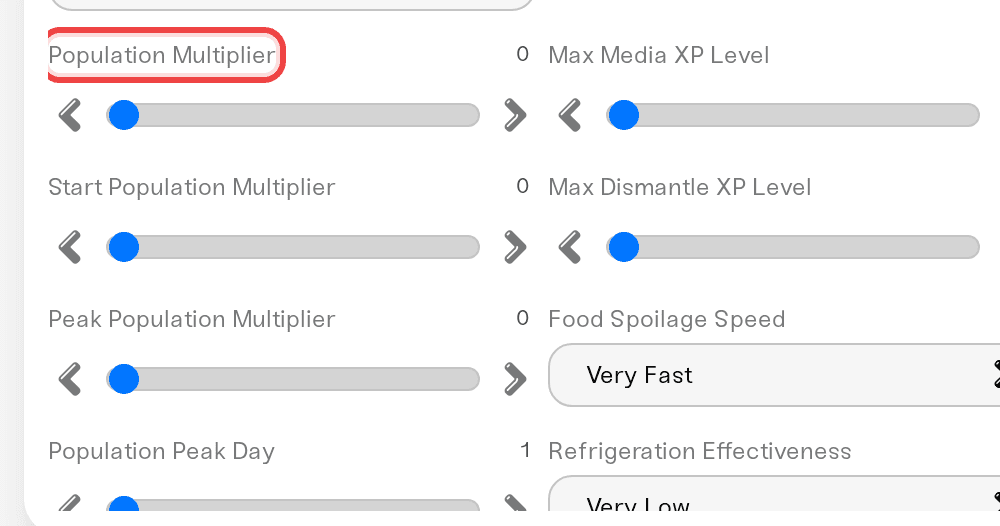 The Custom Population Multipliers toggle switched on, revealing the Population Multiplier, start and peak multipliers, and Population Peak Day settings The Custom Population Multipliers toggle switched on, revealing the Population Multiplier, start and peak multipliers, and Population Peak Day settings