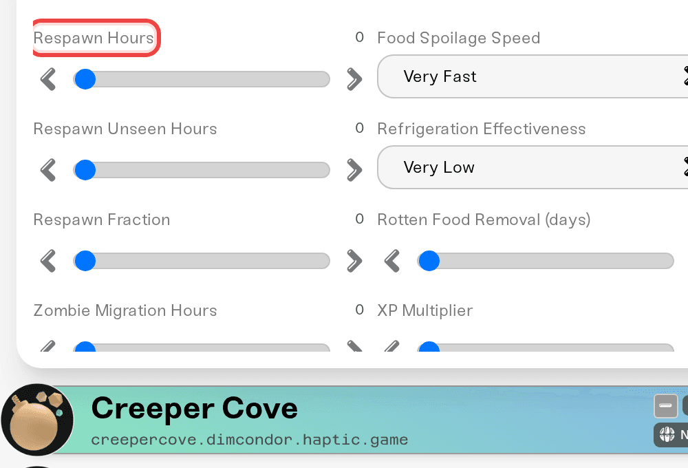 The zombie respawn settings in the server settings: Respawn Hours, Respawn Unseen Hours, Respawn Fraction, and Zombie Migration Hours The zombie respawn settings in the server settings: Respawn Hours, Respawn Unseen Hours, Respawn Fraction, and Zombie Migration Hours