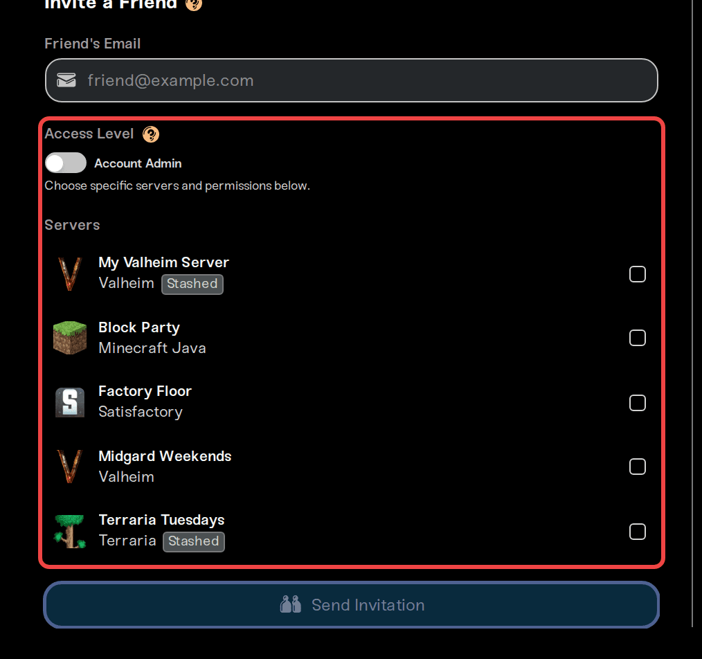 The Access Level section of the Invite a Friend form The Access Level section of the Invite a Friend form
