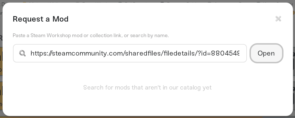 The Request a Mod window with a Steam Workshop link pasted in the search box