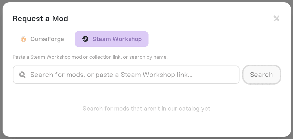 Steam Workshop tab selected in the Request a Mod window with the search field