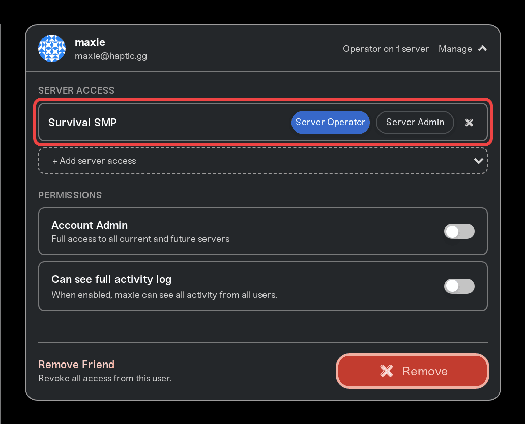 An expanded friend card showing the per-server Server Operator and Server Admin role picker An expanded friend card showing the per-server Server Operator and Server Admin role picker