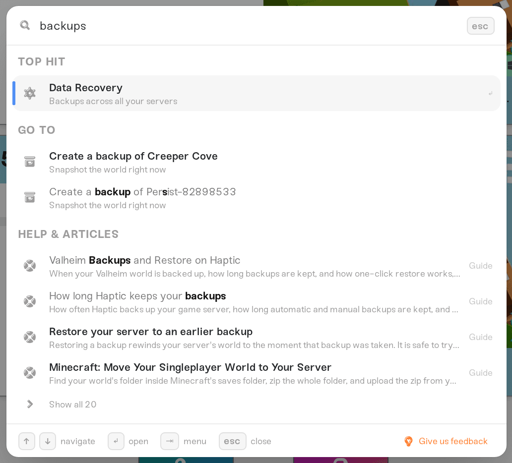 Search results grouped into sections after typing a query Search results grouped into sections after typing a query