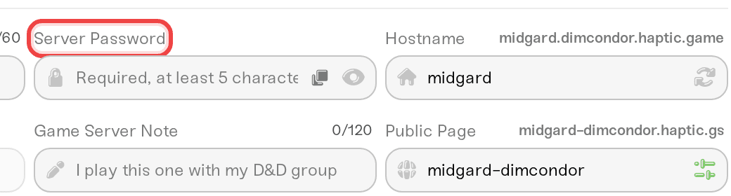 The Valheim Server Password field showing the required placeholder The Valheim Server Password field showing the required placeholder