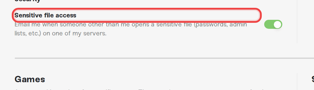 The Sensitive file access toggle under the Security heading The Sensitive file access toggle under the Security heading