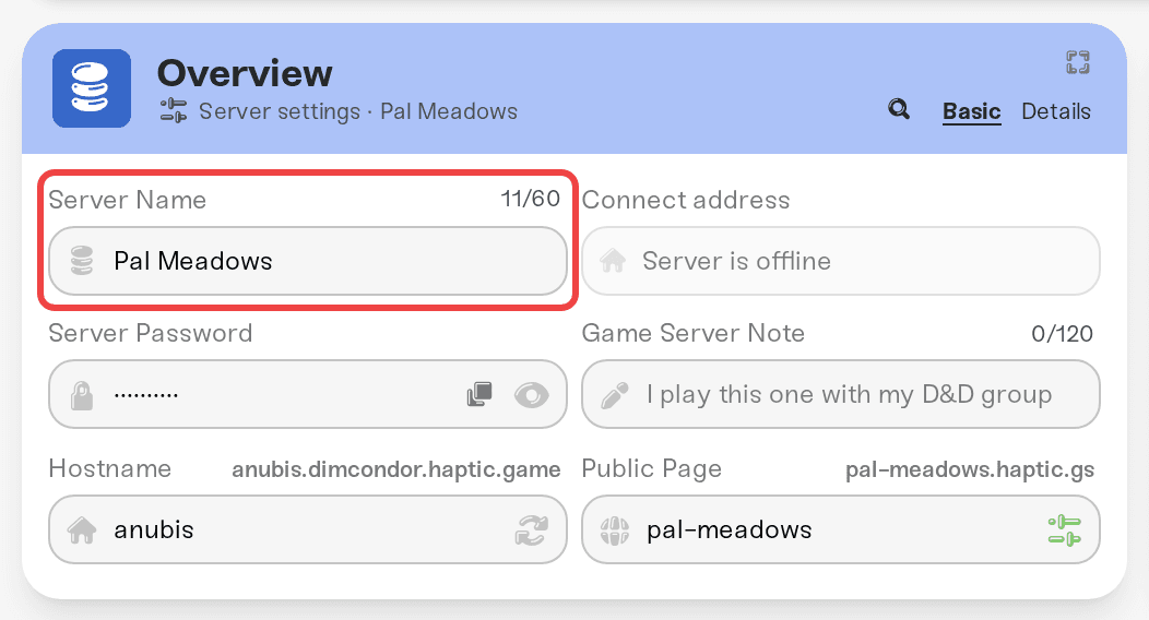 The Server Name field in the Basic tab, the name friends search for in the community browser The Server Name field in the Basic tab, the name friends search for in the community browser