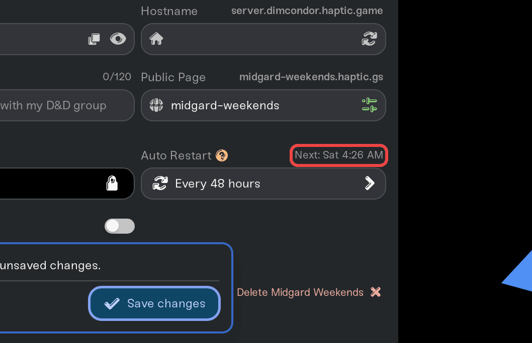 The live hint next to Auto Restart showing when the next restart fires The live hint next to Auto Restart showing when the next restart fires
