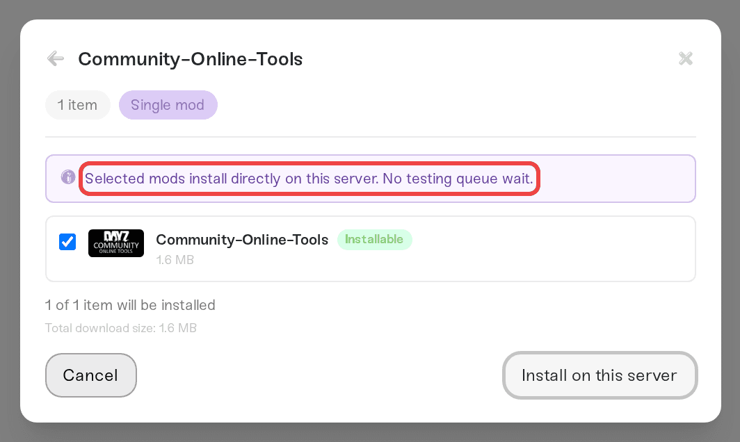 The Request a Mod preview after pasting a DayZ Workshop link, showing the direct-install note The Request a Mod preview after pasting a DayZ Workshop link, showing the direct-install note