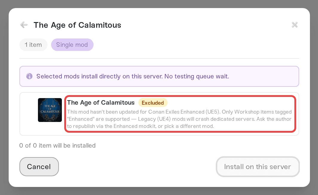 The Request a Mod window refusing a Legacy mod because it is not tagged Enhanced The Request a Mod window refusing a Legacy mod because it is not tagged Enhanced