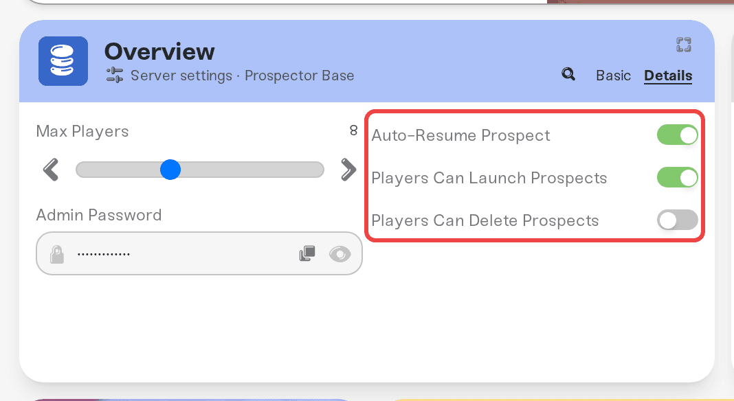 The three prospect settings on the Details tab of the Overview card The three prospect settings on the Details tab of the Overview card