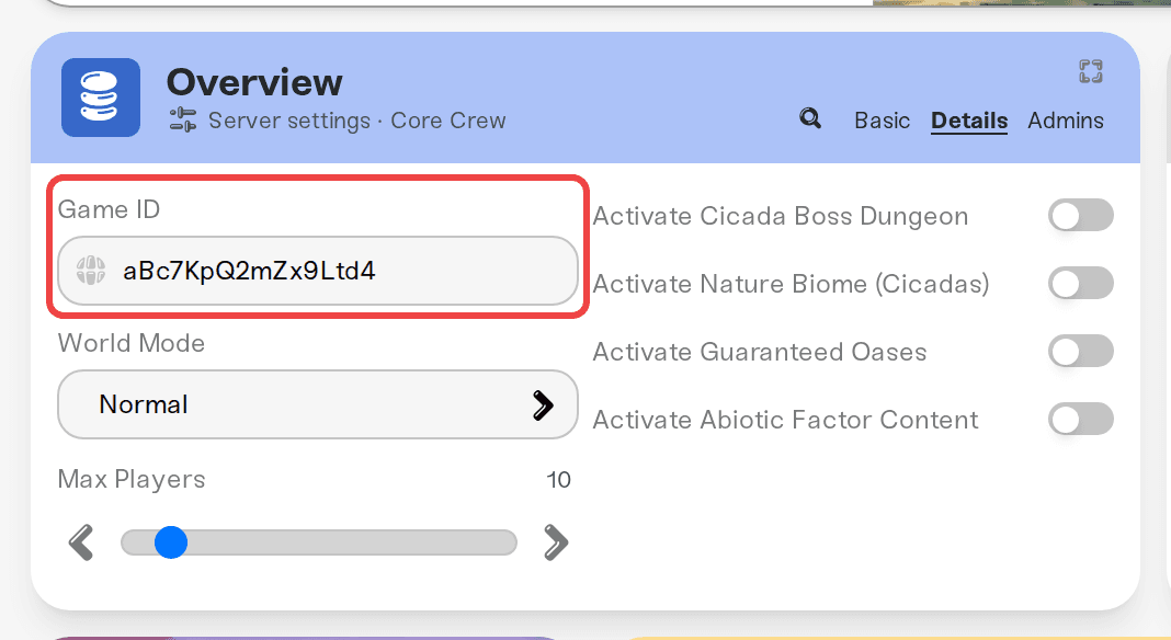 The Game ID field in the Details tab of the Overview card The Game ID field in the Details tab of the Overview card