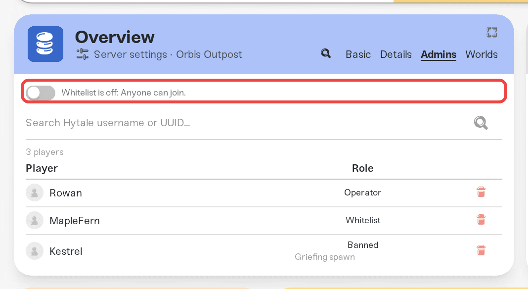 The whitelist toggle and its status line at the top of the Admins tab The whitelist toggle and its status line at the top of the Admins tab
