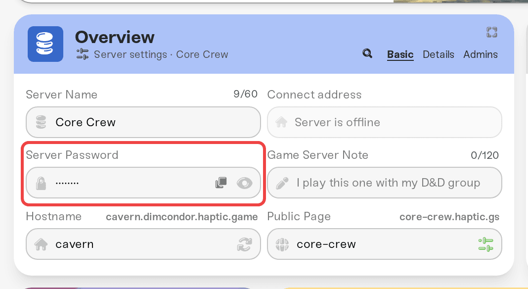 The Server Password field in the Basic tab of the Overview card The Server Password field in the Basic tab of the Overview card