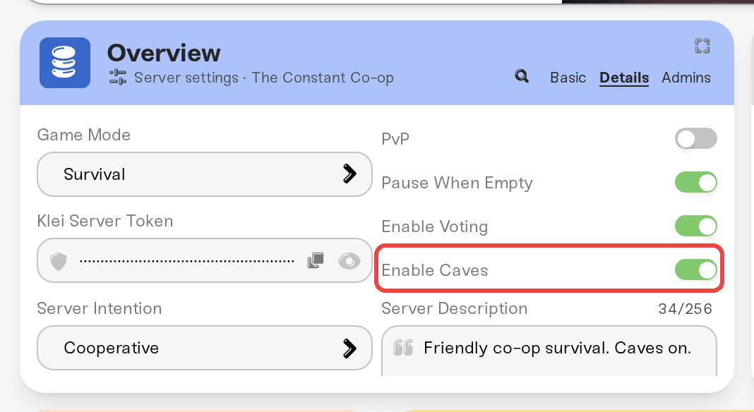 The Enable Caves toggle in the Details tab The Enable Caves toggle in the Details tab