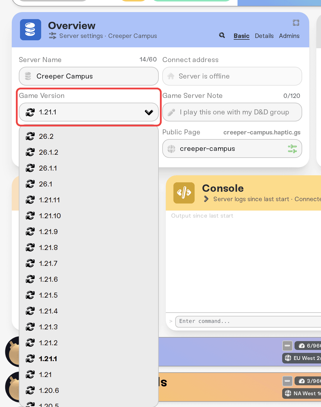 Game Version dropdown open on the Overview card Game Version dropdown open on the Overview card