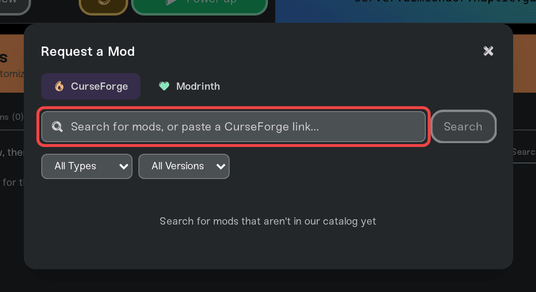 The Request a Mod search screen with source tabs