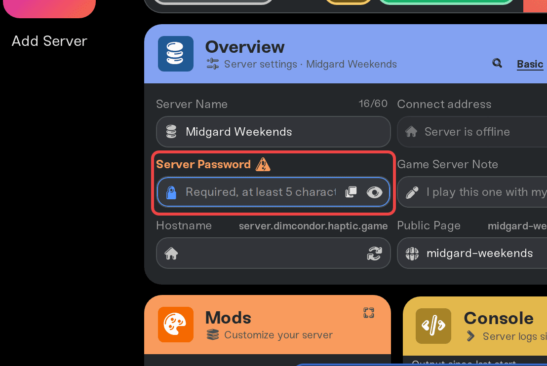 The Valheim Server Password field showing the required placeholder The Valheim Server Password field showing the required placeholder