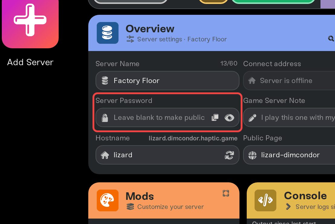 The Server Password field in the Basic tab of the Overview card The Server Password field in the Basic tab of the Overview card