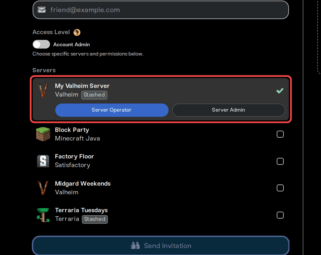 The invite form with a server selected, showing the Server Operator and Server Admin choice The invite form with a server selected, showing the Server Operator and Server Admin choice