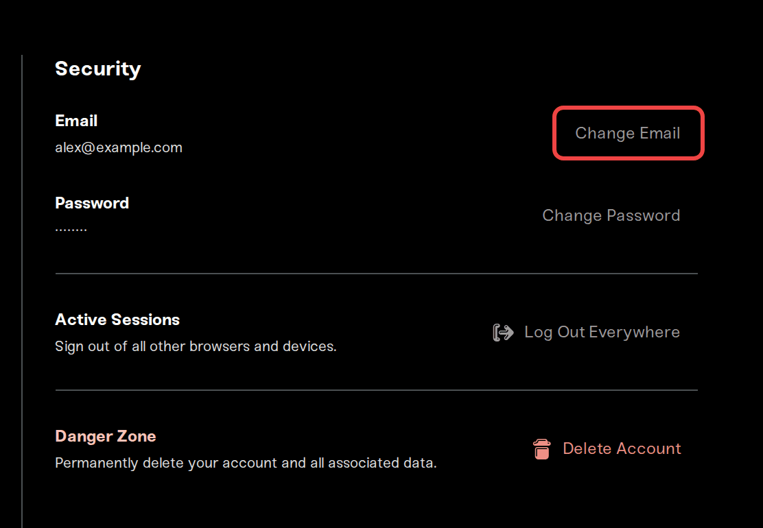 The Security column with the Change Email and Change Password buttons The Security column with the Change Email and Change Password buttons