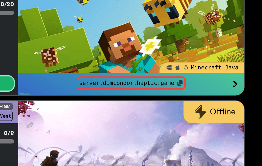 The address strip at the bottom of a server card, with the click-to-copy address The address strip at the bottom of a server card, with the click-to-copy address