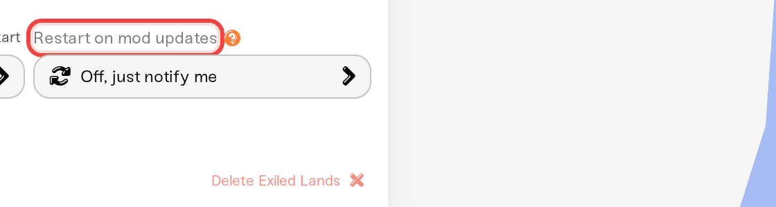 The Restart on mod updates dropdown in the expanded Overview card The Restart on mod updates dropdown in the expanded Overview card
