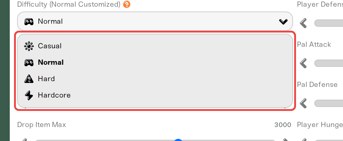 The Difficulty dropdown open, showing Casual, Normal, Hard, and Hardcore The Difficulty dropdown open, showing Casual, Normal, Hard, and Hardcore