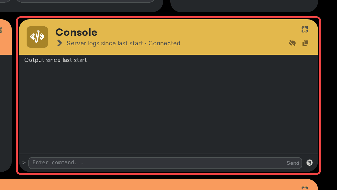 The Console card with live logs and the command bar The Console card with live logs and the command bar